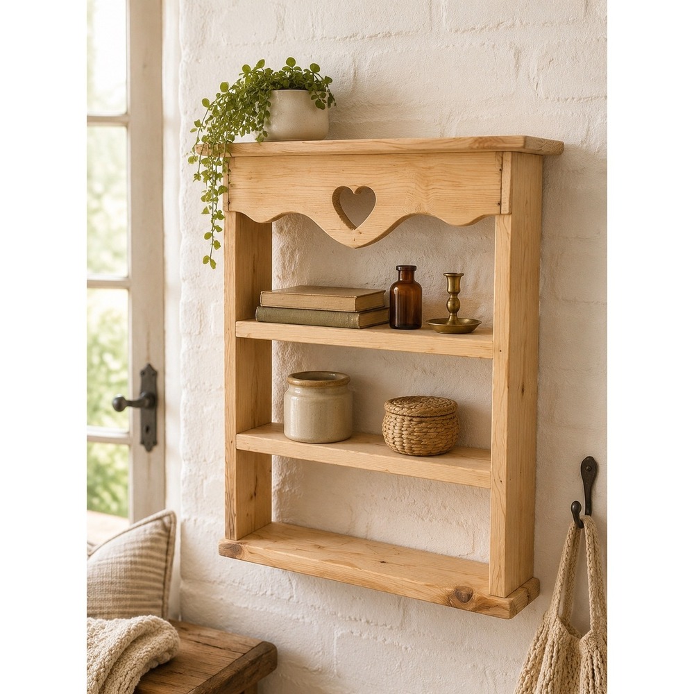 Pine Wood Wall Shelf Heart Cutout 24" Trinket Shelf Grannycore Cottagecore 90's